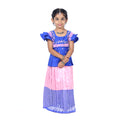 Royal blue Pattupavadai set with embroidery paired with contrasting pink pleated skirt