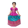 South Indian Traditional Magenta Pink Pattupavadai set with dark turquoise blue skirt