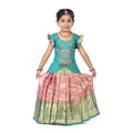 Green Pattupavadai set with pastel pink pleated skirt with Cutshanas and embroidery