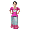 Pink Pattupavadai with mirror  and minimal embroidery work featured with netted pleats paired along with sea blue skirt - Combo
