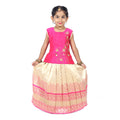 Pink color hand embroidered Pattupavadai set paired with sandal color skirt